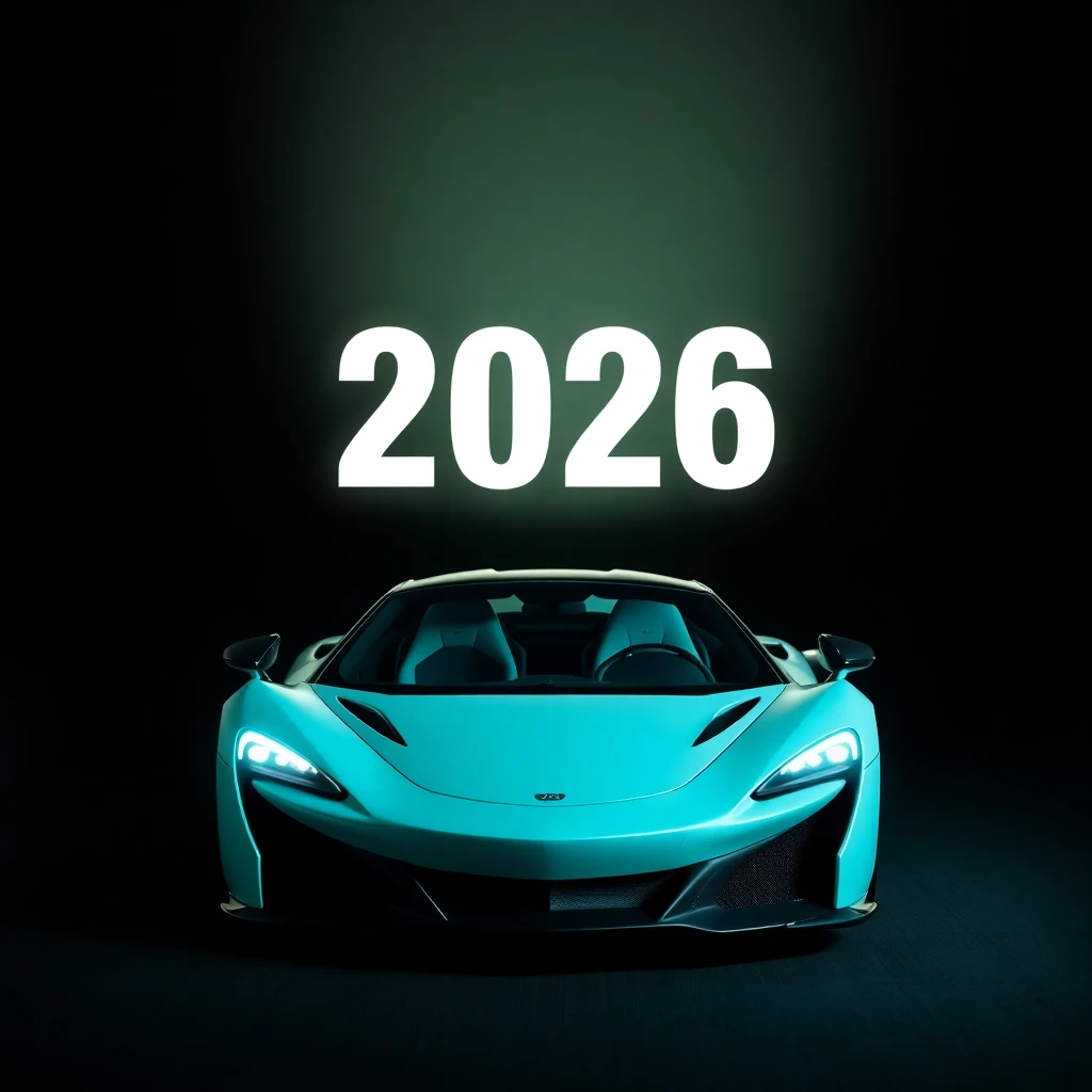 Turquoise sports car headlights illuminated against dark background with 2026 text overlay