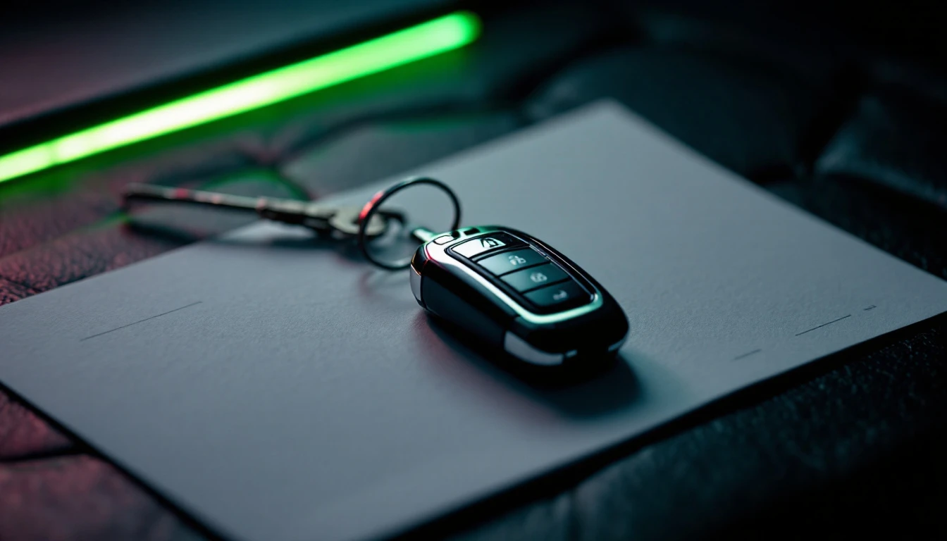 Modern car key fob on grey surface with proper vehicle registration documentation essentials