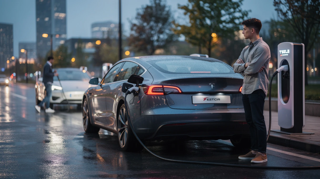 Man charging Tesla electric vehicle at public charging station during evening