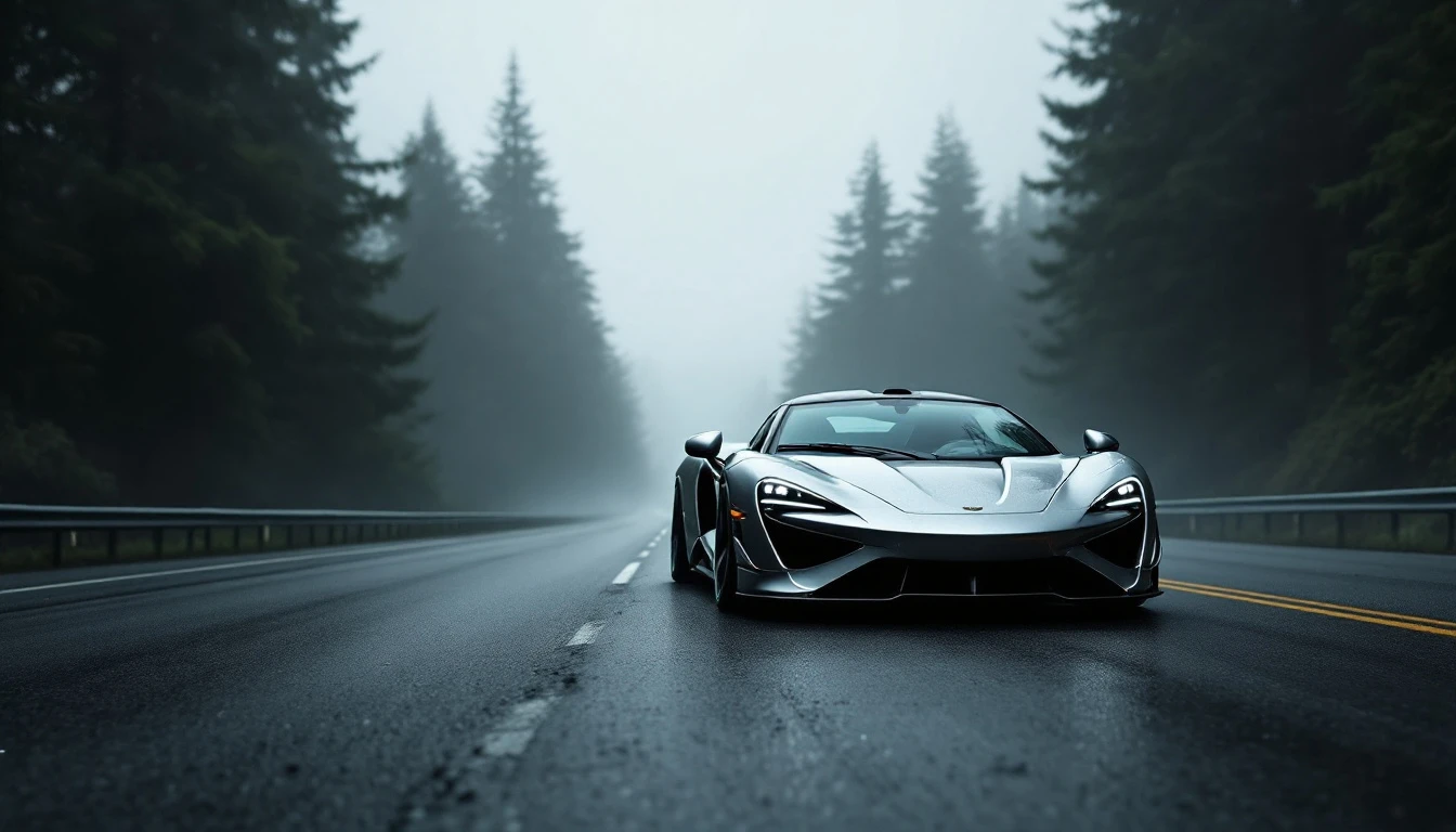 Silver sports car driving on wet highway through misty forest, illustrating Oregon driving conditions and road safety