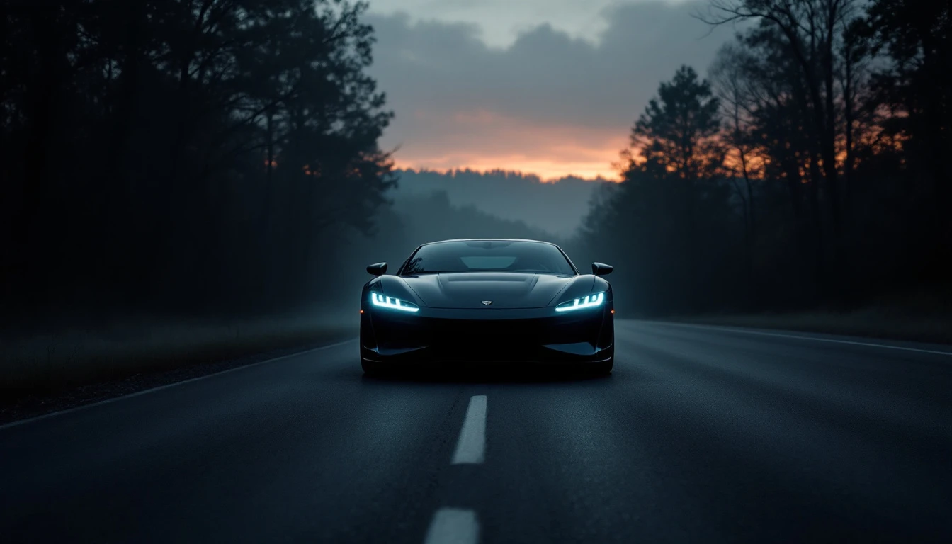 Elevated sports car driving on wet forest highway at sunset, illustrating vehicle purchase investment and sales tax