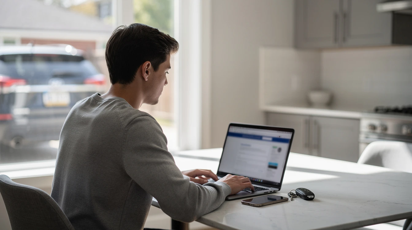 Man working on laptop at home desk with smartphone and car keys nearby for vehicle registration tasks