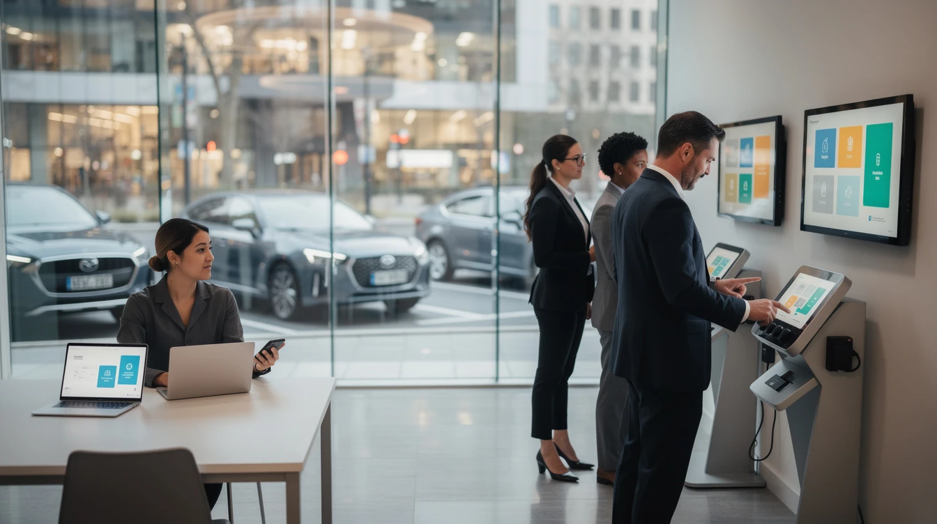 Modern car dealership showroom with professionals using digital tablets for vehicle registration and paperwork management