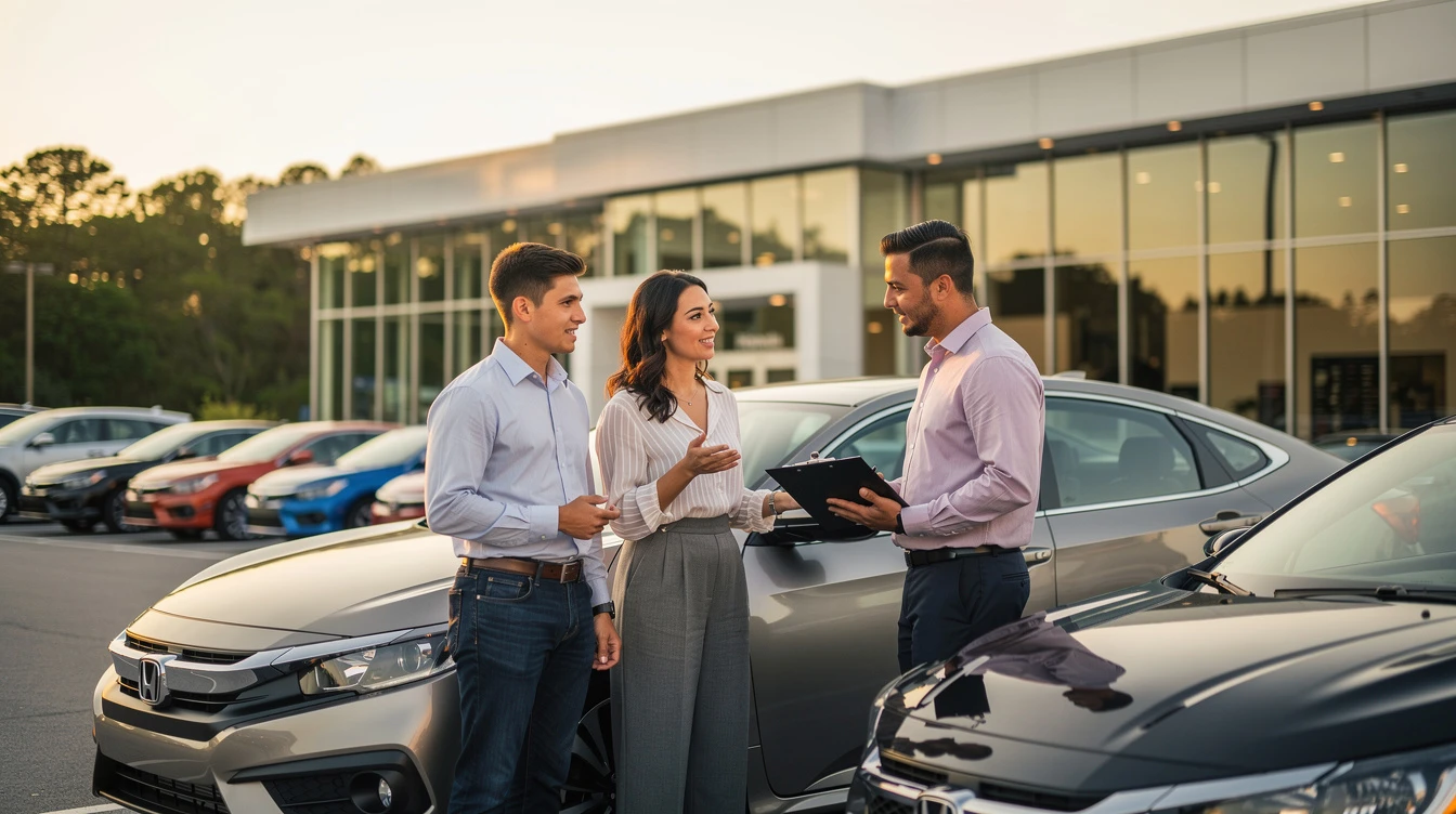 Car salesman discussing vehicle purchase and sales tax with customers at dealership lot in South Carolina