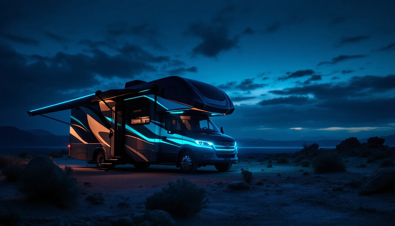 Elevated motorhome glowing with neon lights parked in desert at dusk