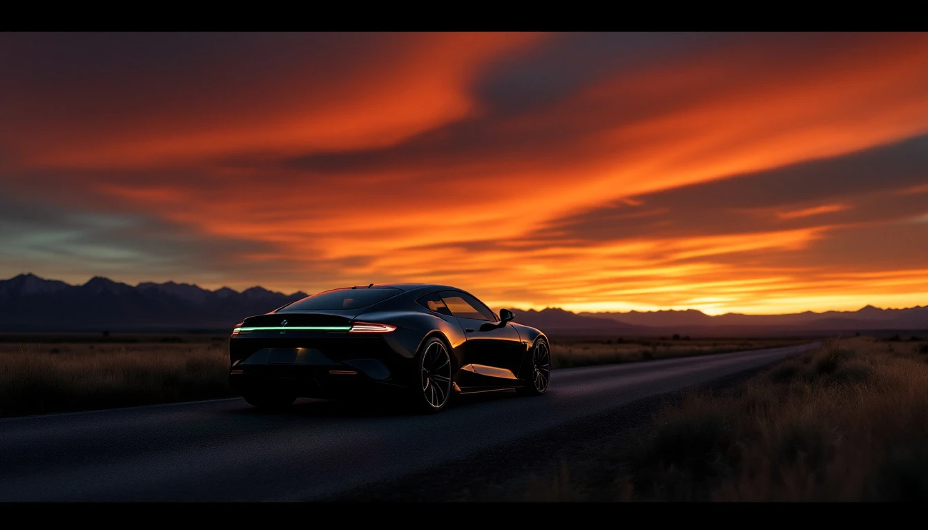 Elevated sports car parked on desert highway at sunset, representing Montana LLC vehicle registration and tax benefits.