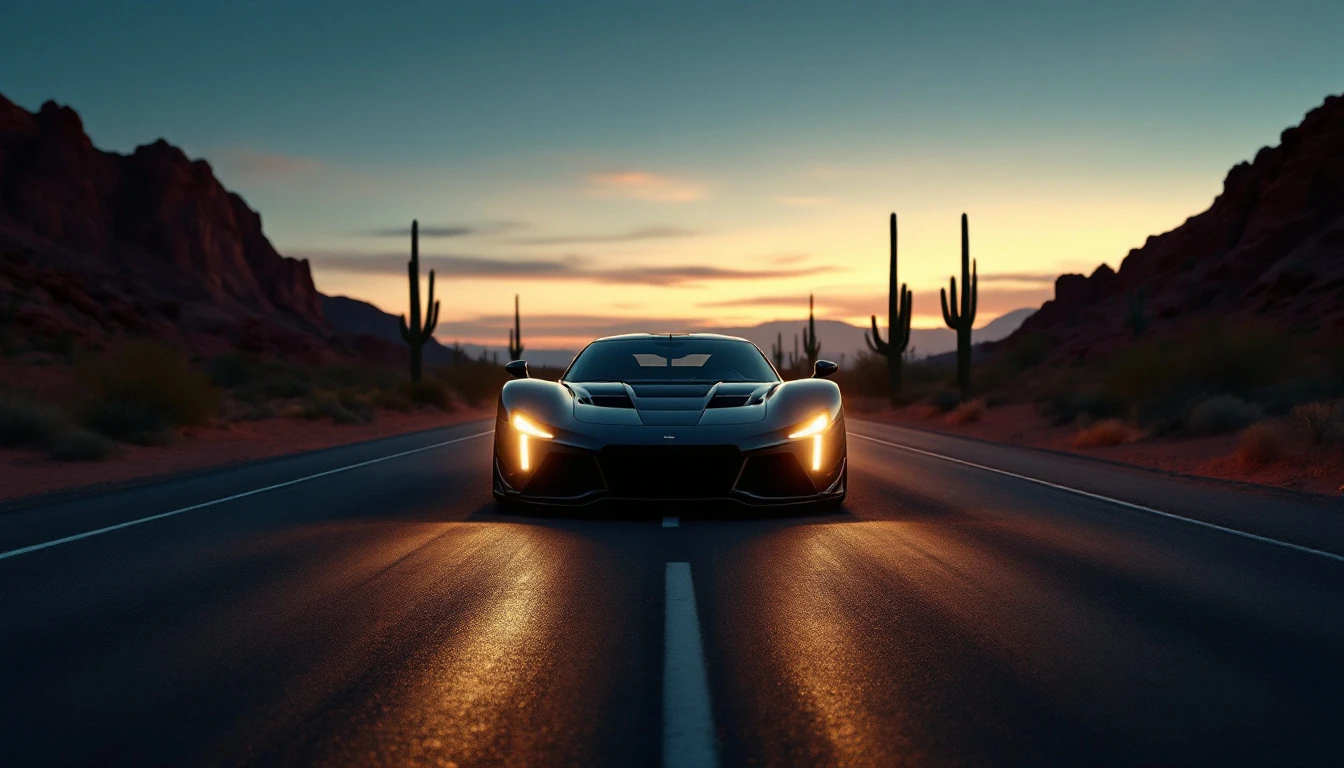 Elevated sports car driving on desert highway at sunset with saguaro cacti