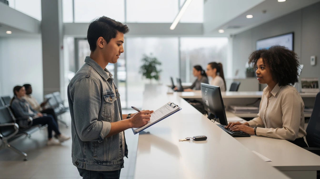 Young man completing vehicle registration paperwork at DMV counter with receptionist in modern office setting
