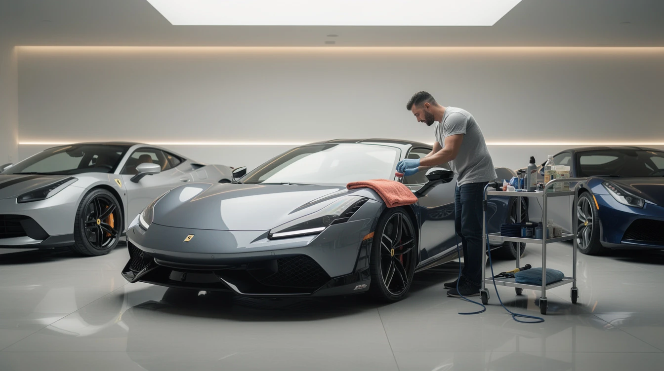 Professional detailing technician maintaining elevated sports car in showroom to preserve exotic vehicle value