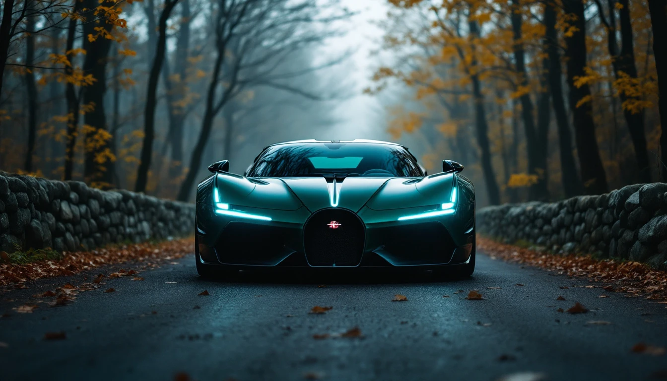 Elevated supercar with glowing headlights parked on forest road during autumn