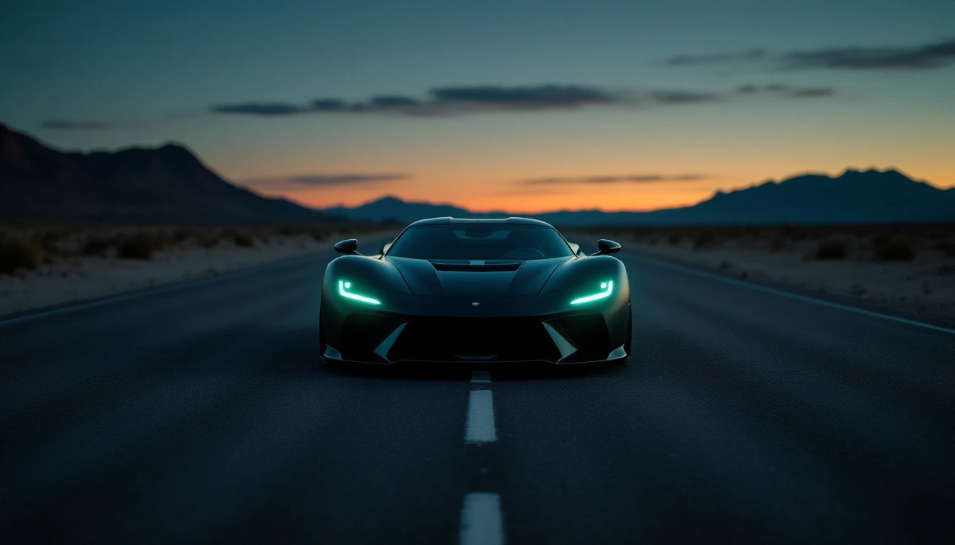 Sleek sports car with glowing headlights driving on desert highway at sunset