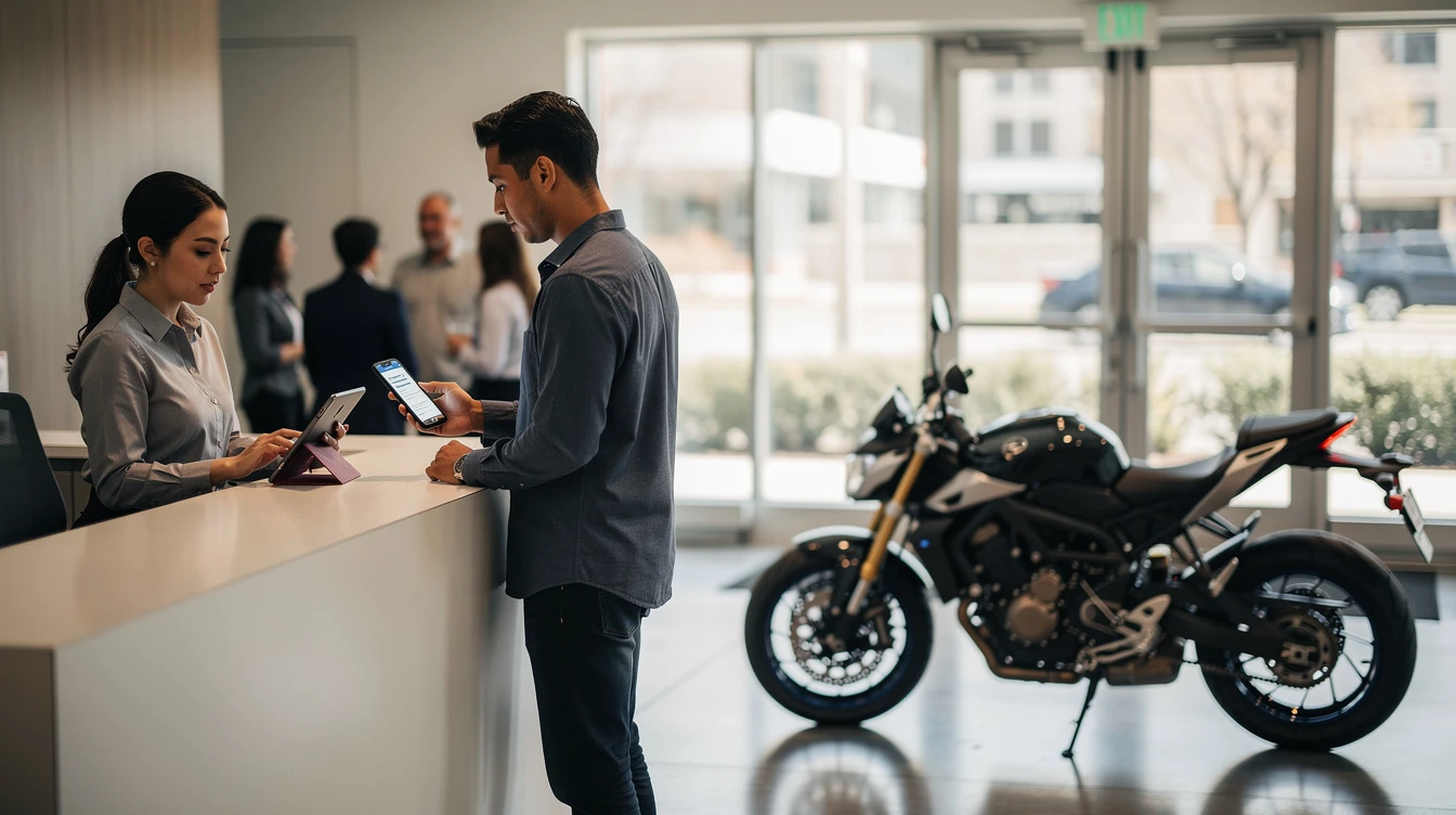 Customer receiving digital motorcycle registration on tablet at dealership showroom with bikes displayed