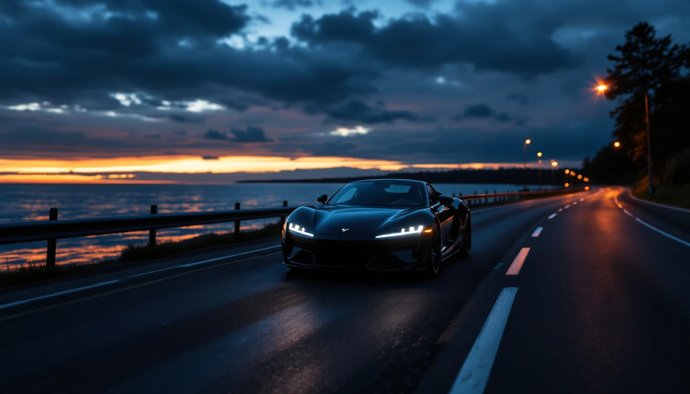 Black sports car driving on coastal highway at dusk with headlights on and sunset over water