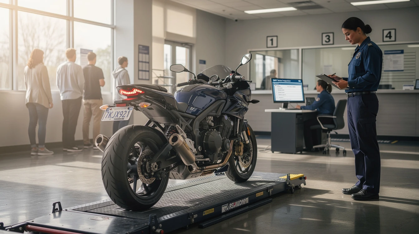 Modified motorcycle undergoing DMV inspection at registration office with inspector reviewing documentation.