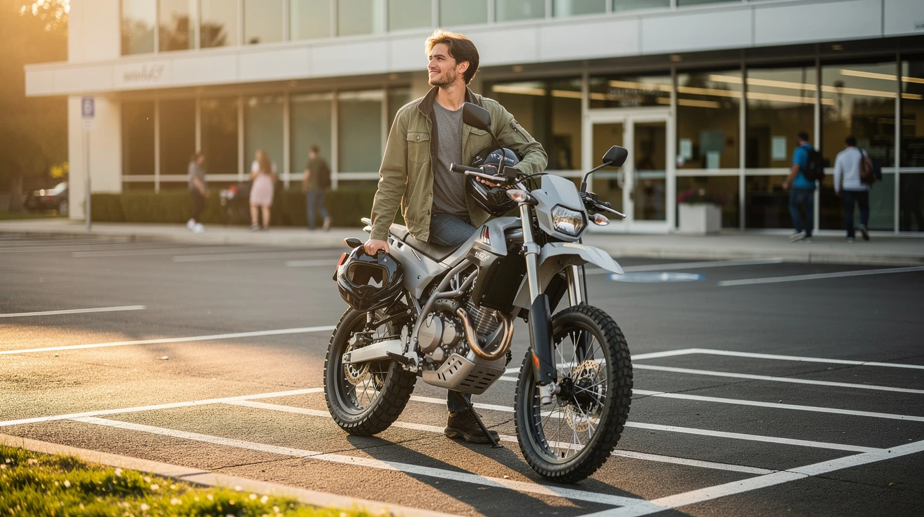 Man riding white dirt bike on urban street crossing in casual jacket and helmet