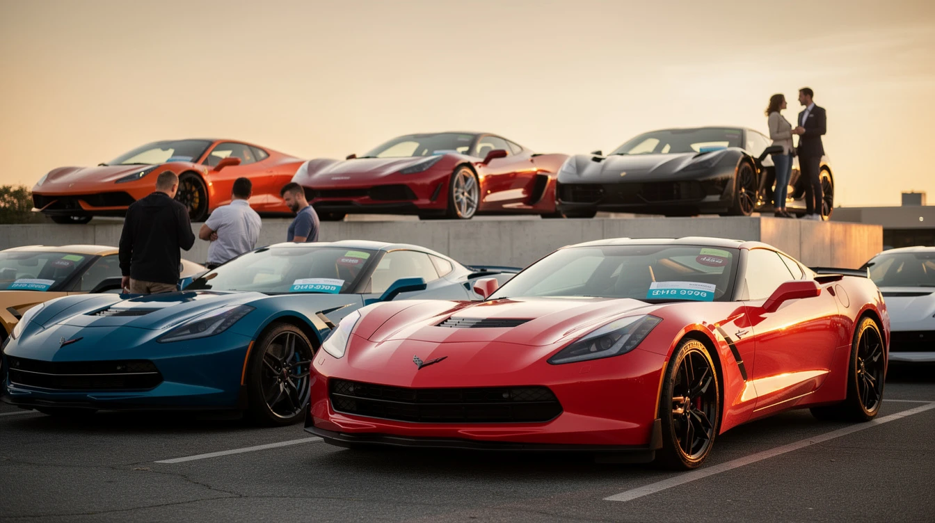 Multiple Corvettes displayed at dealership lot showcasing affordable supercar pricing compared to elevated competitors