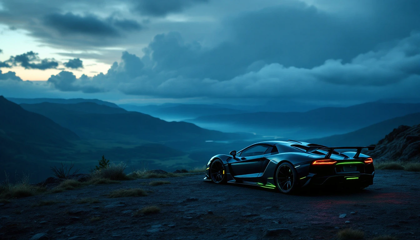 Sleek sports car illuminated at dusk in mountain valley, symbolizing asset protection and LLC vehicle ownership benefits