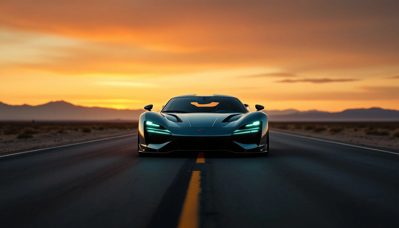 Black sports car with green headlights driving desert highway at sunset, symbolizing elevated vehicle tax savings in Texas.