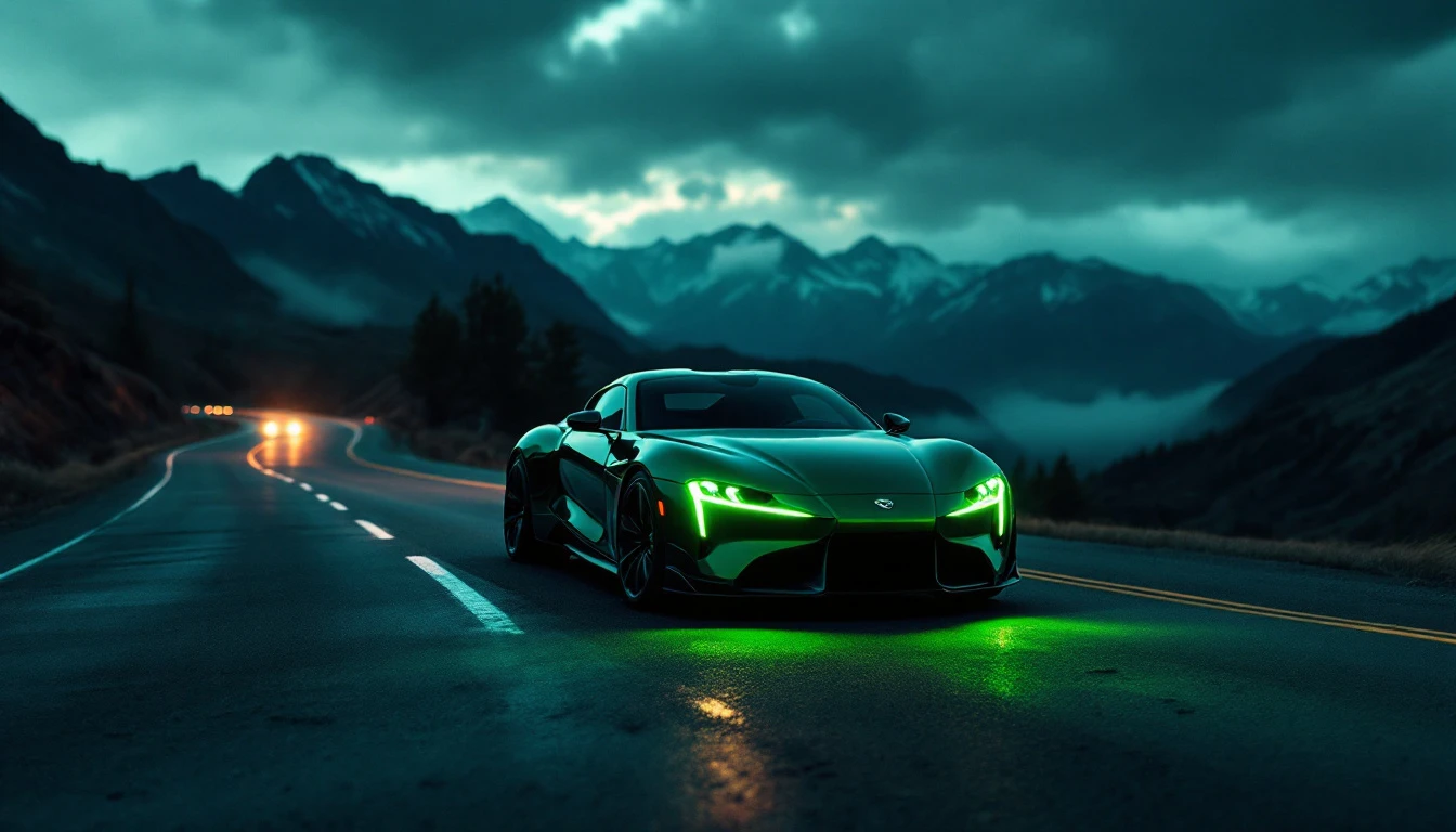 Sleek green sports car driving mountain highway at night with glowing headlights and scenic peaks backdrop