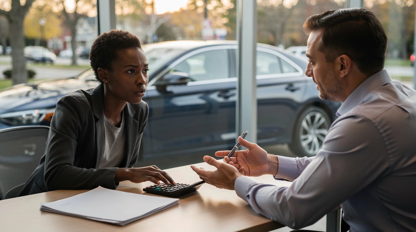 Car salesman discussing vehicle purchase and Maryland tax fees with customer at dealership office.