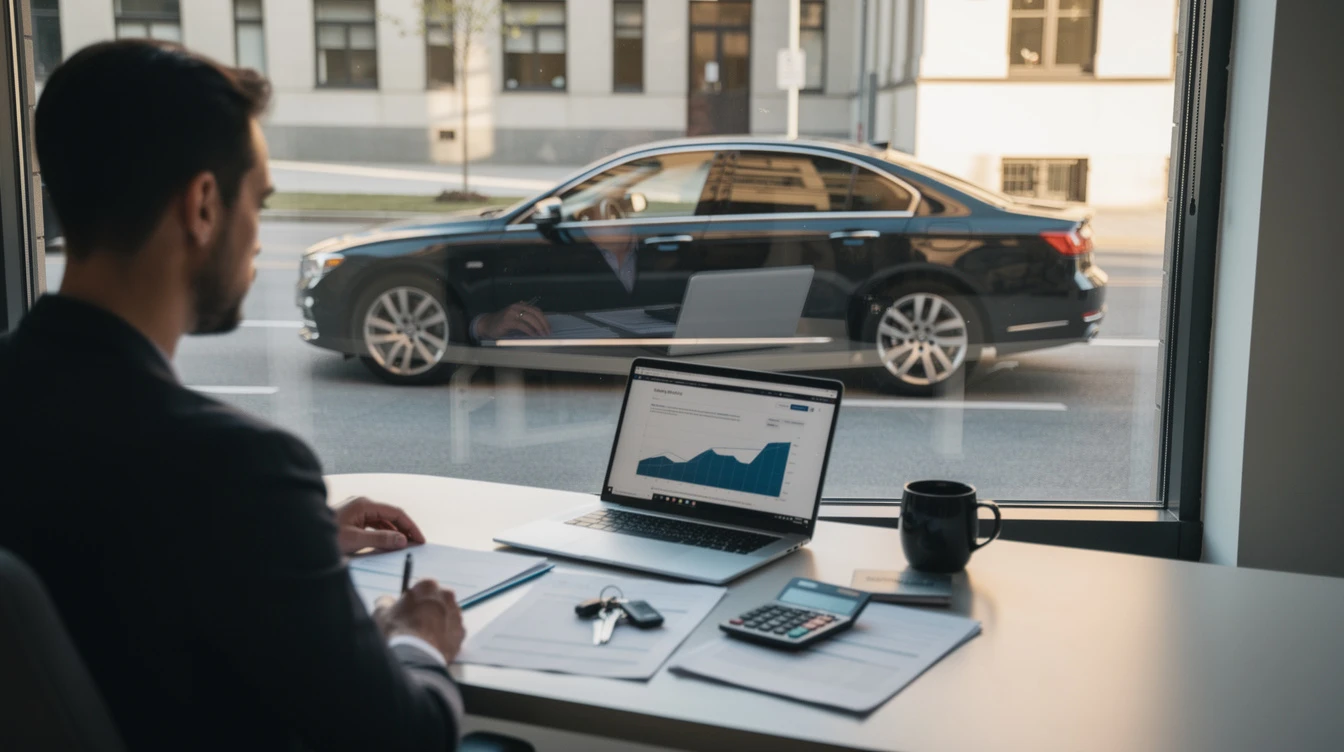 Businessman analyzing vehicle ownership strategy at desk with laptop, calculator