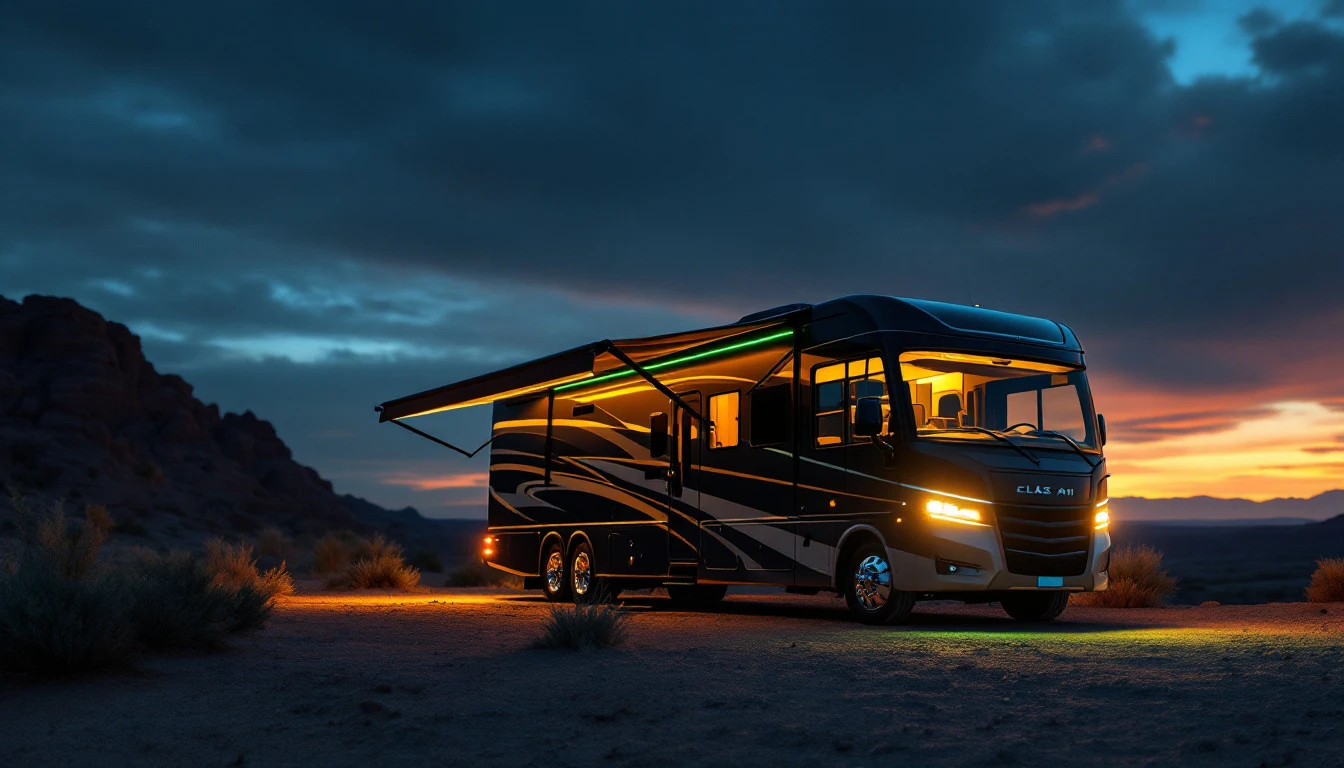 Elevated Class A motorhome parked in desert landscape at sunset with illuminated awning and headlights on.