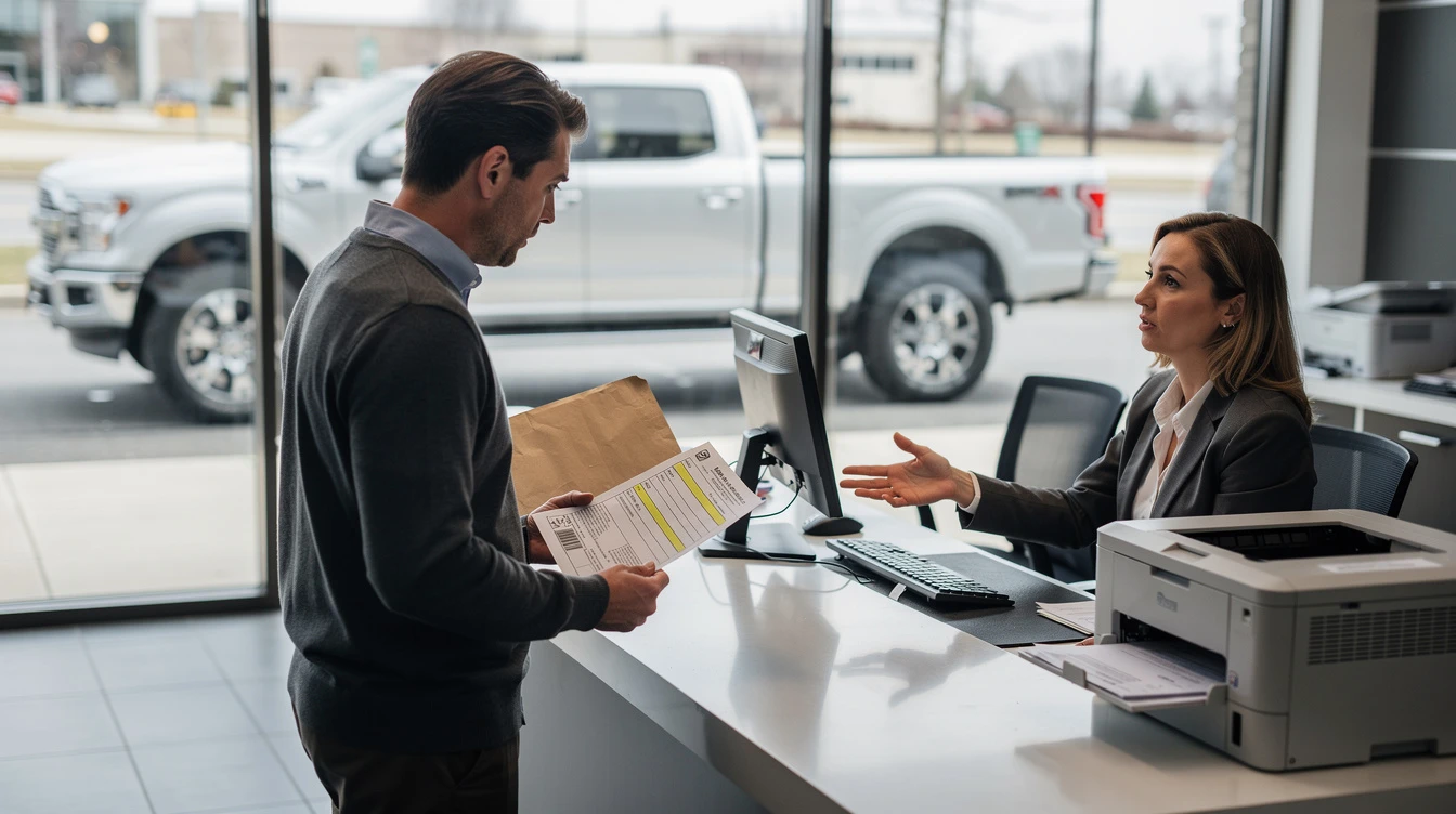 Customer service representative assisting man with truck registration renewal and title documentation at dealership.