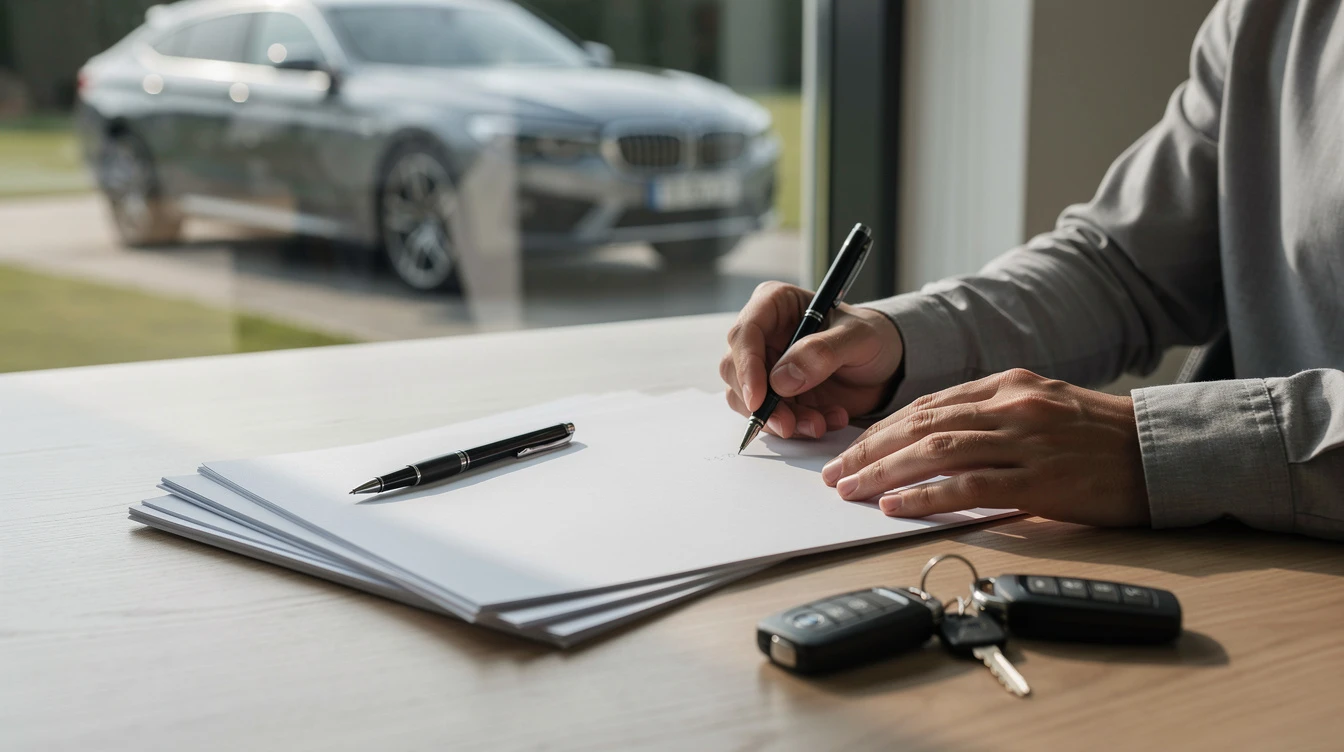 Person signing handwritten bill of sale document for car purchase with vehicle and keys visible on desk
