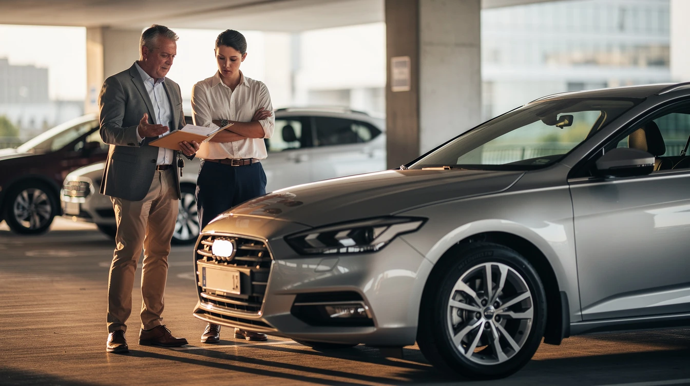 Car salesman discussing vehicle purchase agreement with customer in dealership garage