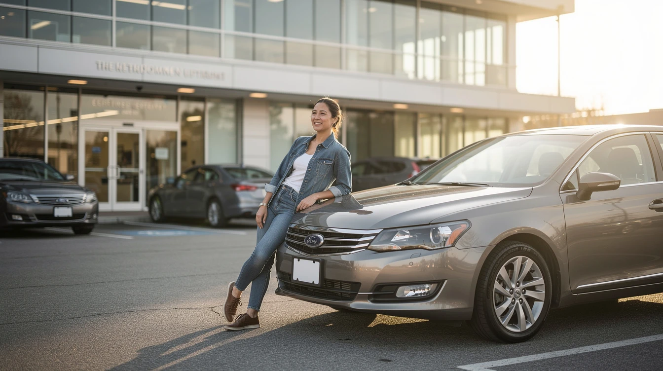 Woman leaning against Ford sedan in dealership lot, car registration and title transfer concept