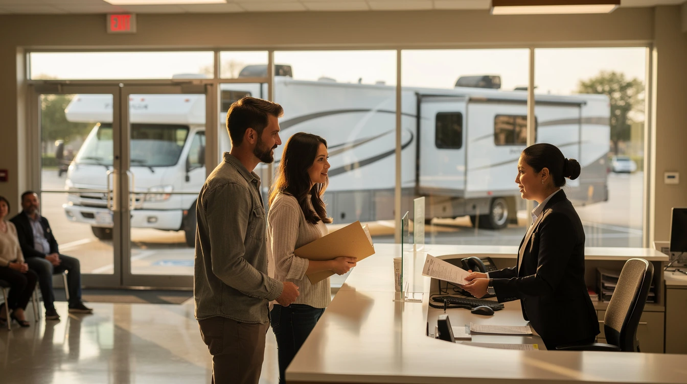 Couple registering motorhome at dealership office with RVs visible through windows behind counter