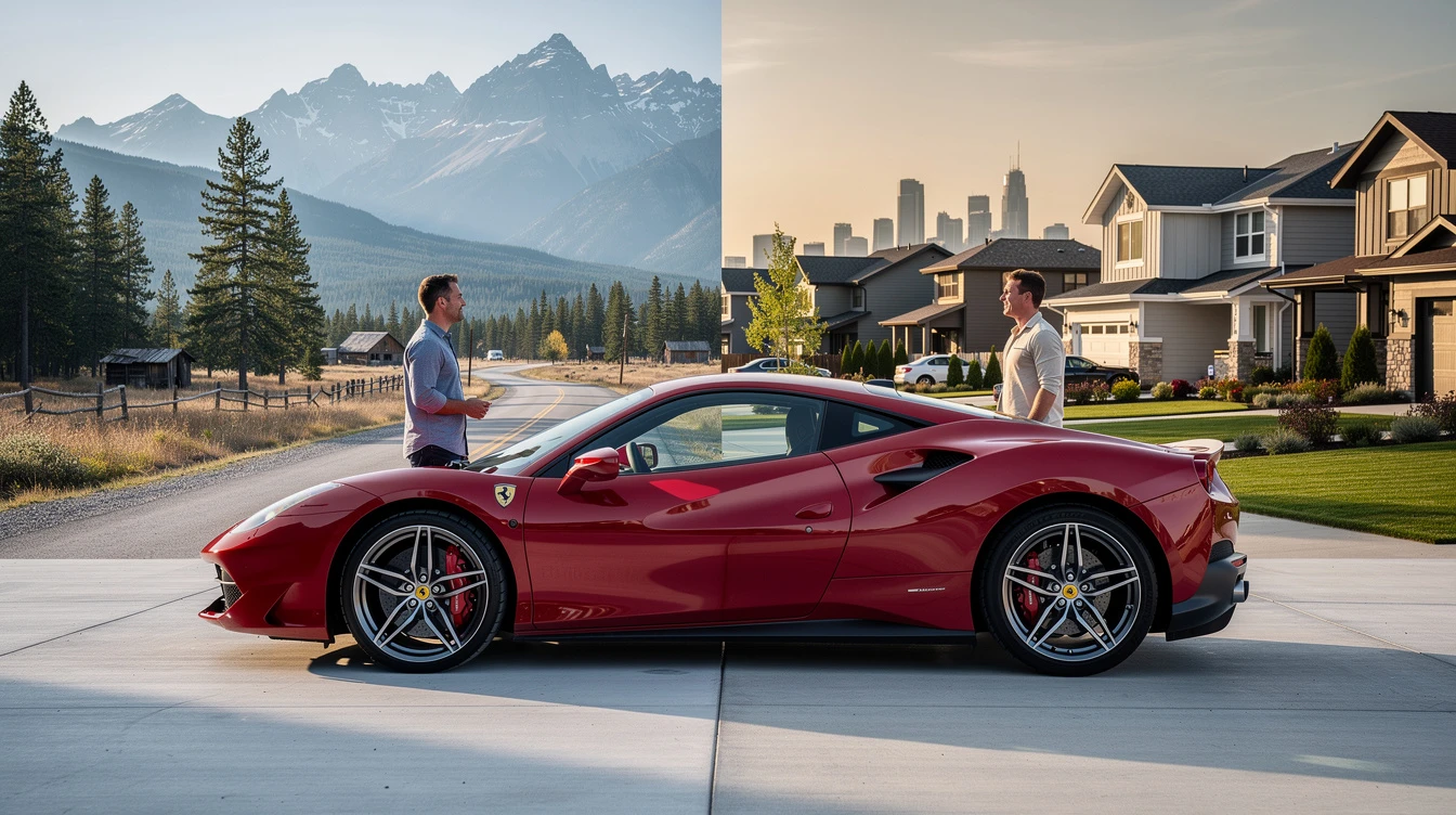 Red Ferrari sports car parked in driveway with mountain landscape and suburban homes