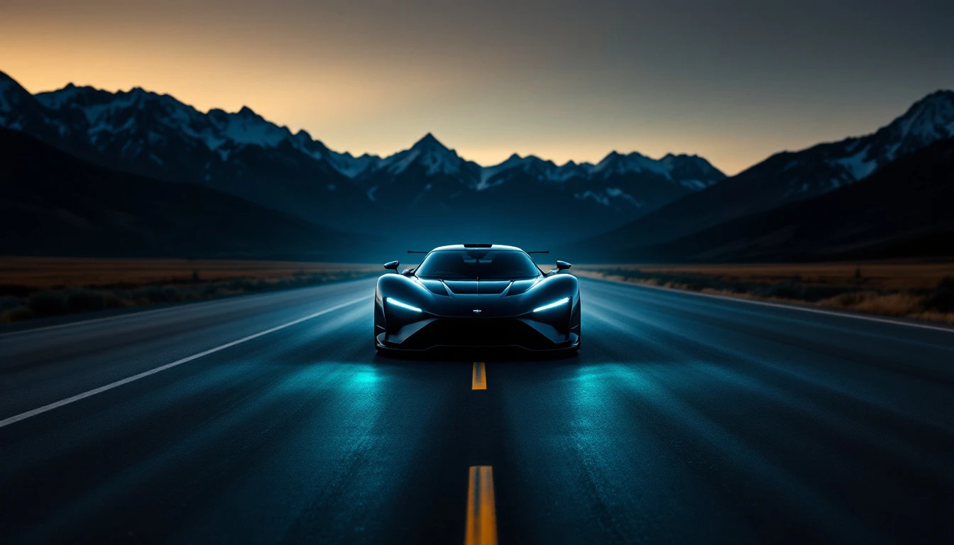 Sleek sports car racing down mountain highway at dusk, symbolizing the smooth Ride Legal Montana LLC journey for vehicle