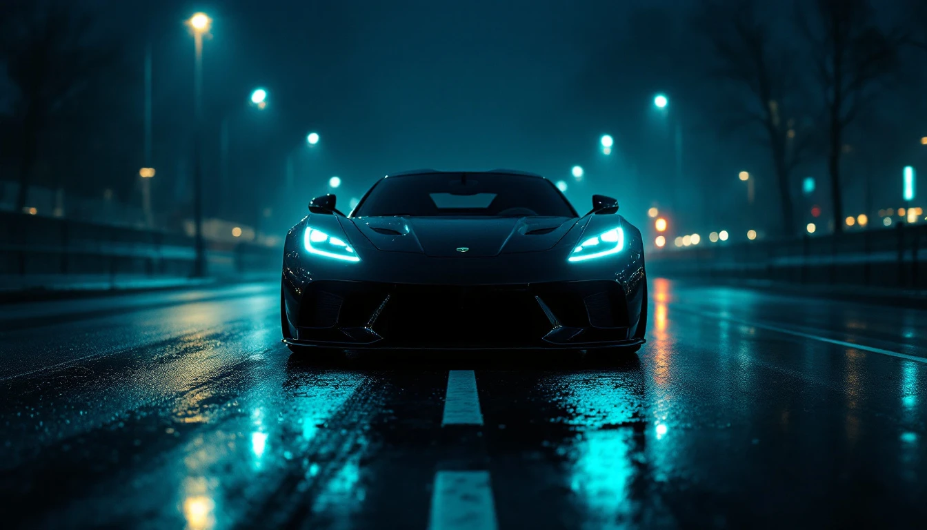 Black sports car with glowing headlights on wet night street, symbolizing confident used car purchase decision