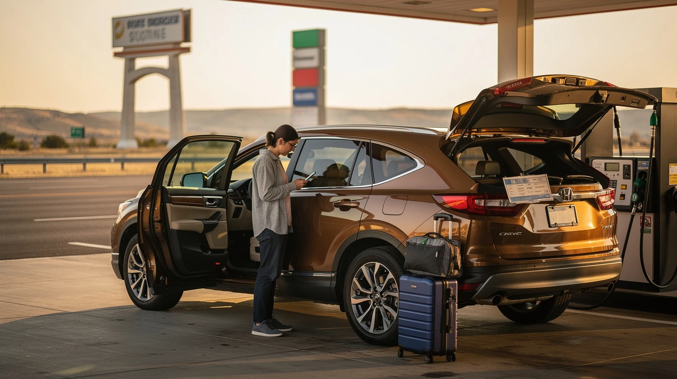 Woman loading luggage into brown SUV with temporary registration at gas station rest stop before interstate road trip
