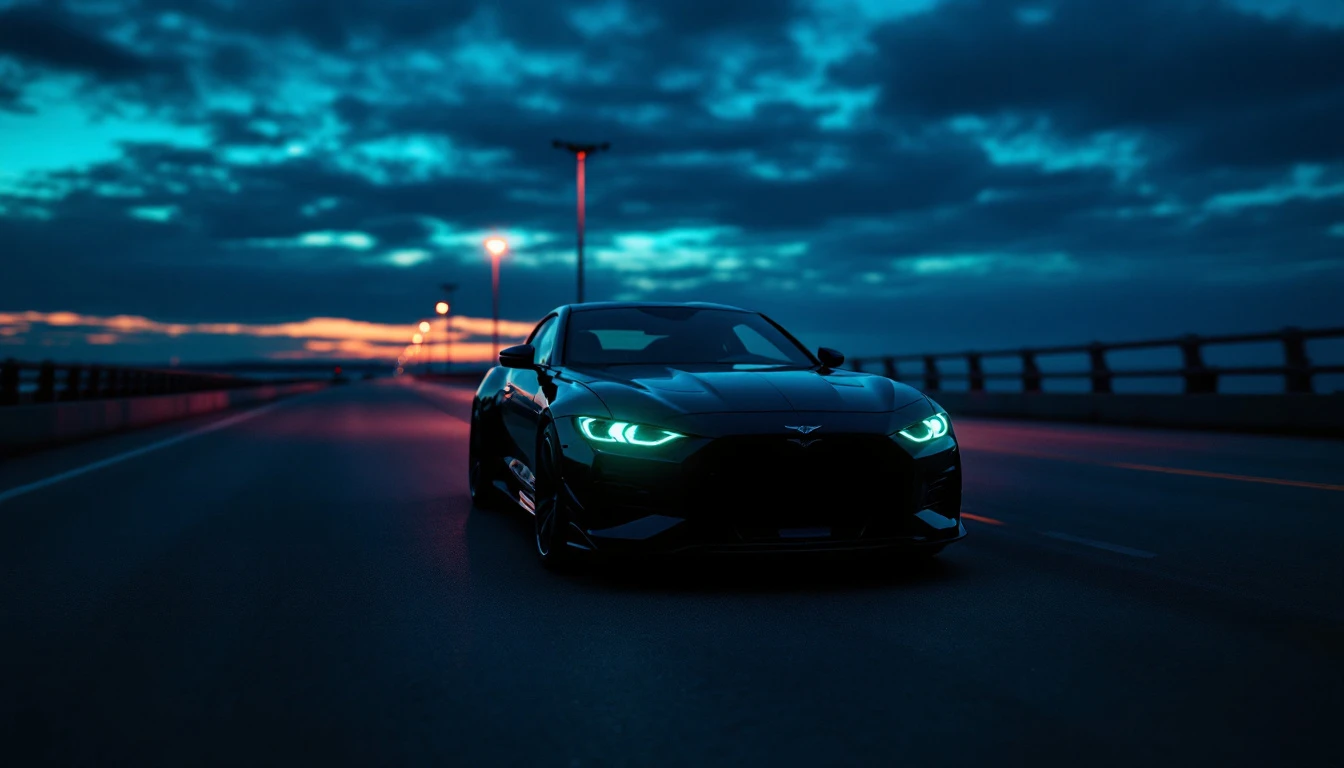 Black sports car with glowing headlights on bridge at dusk, symbolizing vehicle purchase and Maryland sales tax costs.