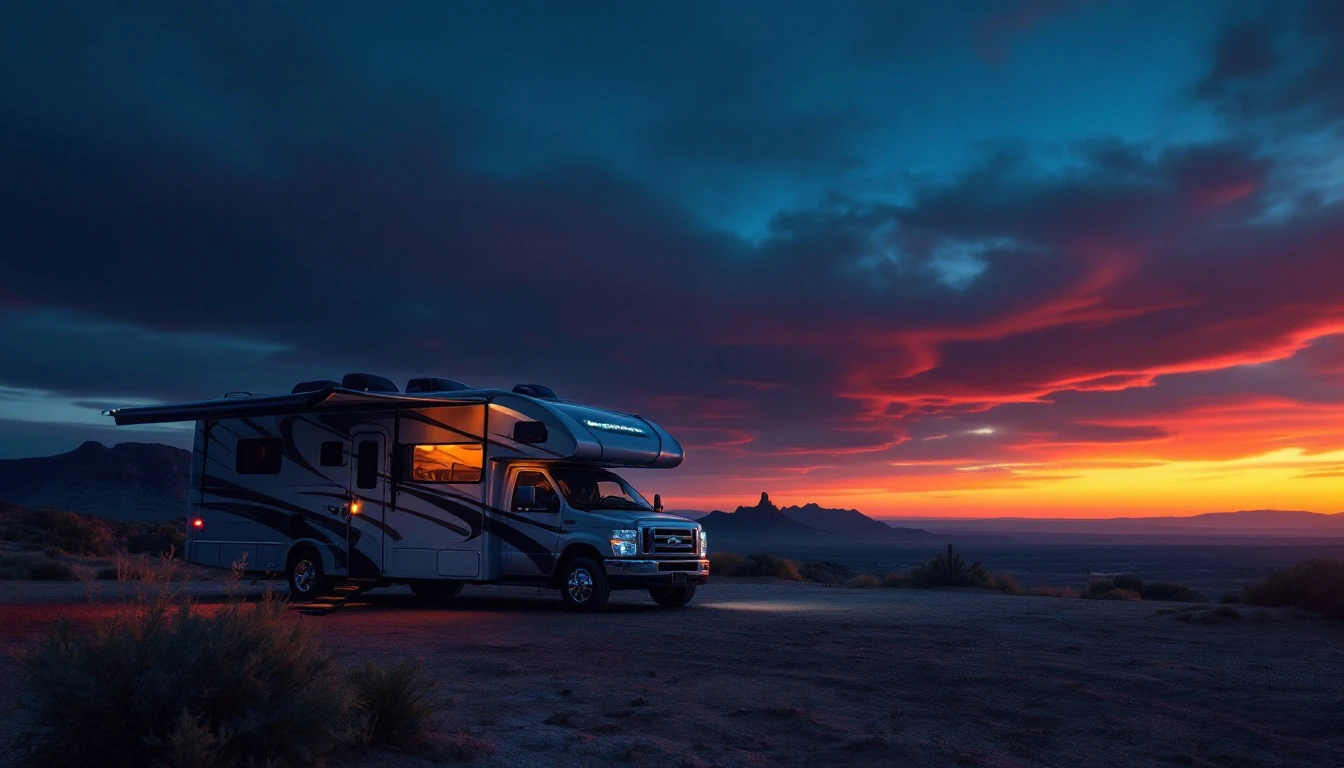 Class C motorhome traveling mountain road at sunset, illustrating RV registration and ownership requirements
