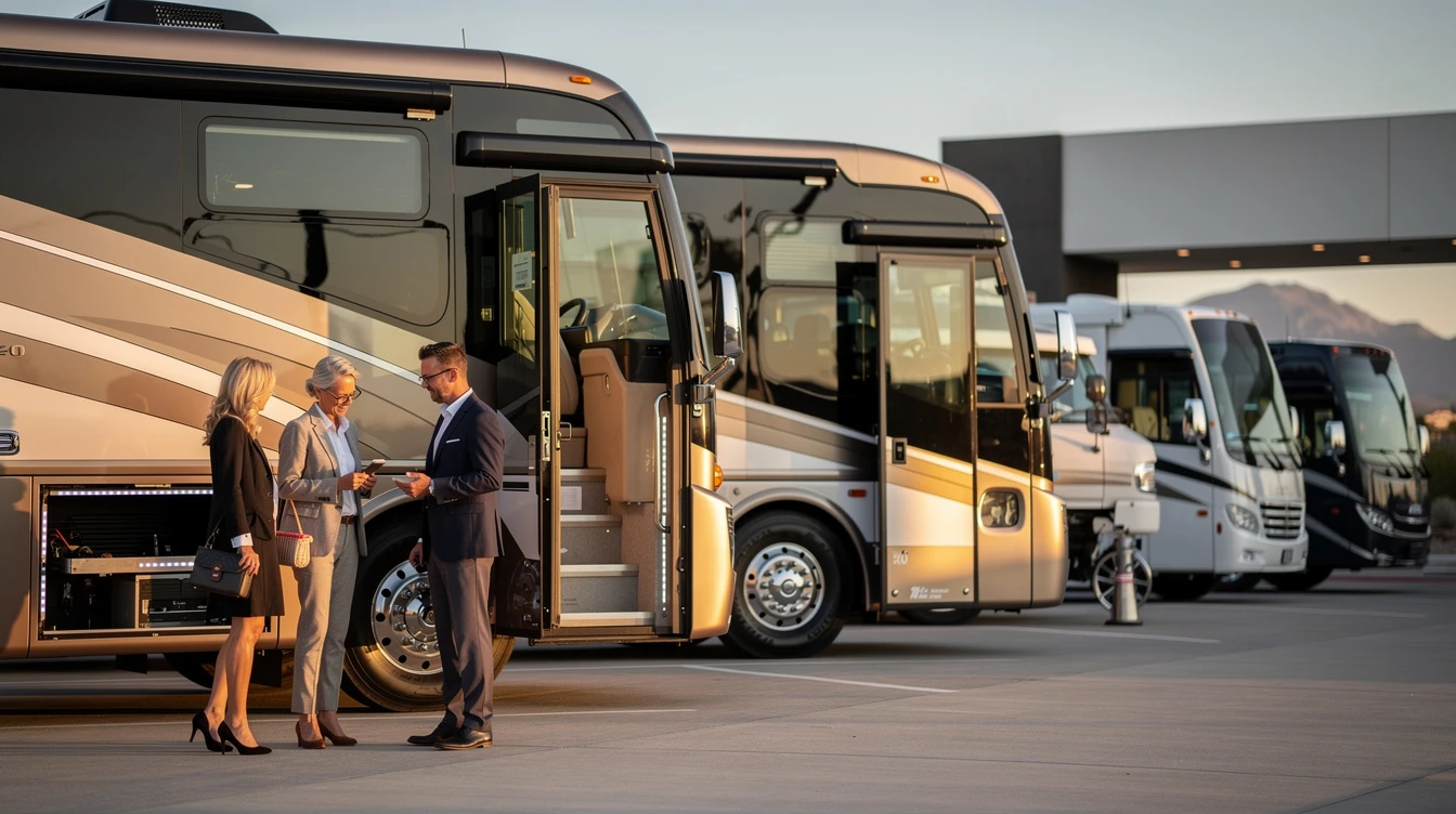 Elevated RV dealership with professionals inspecting high-end motorhome