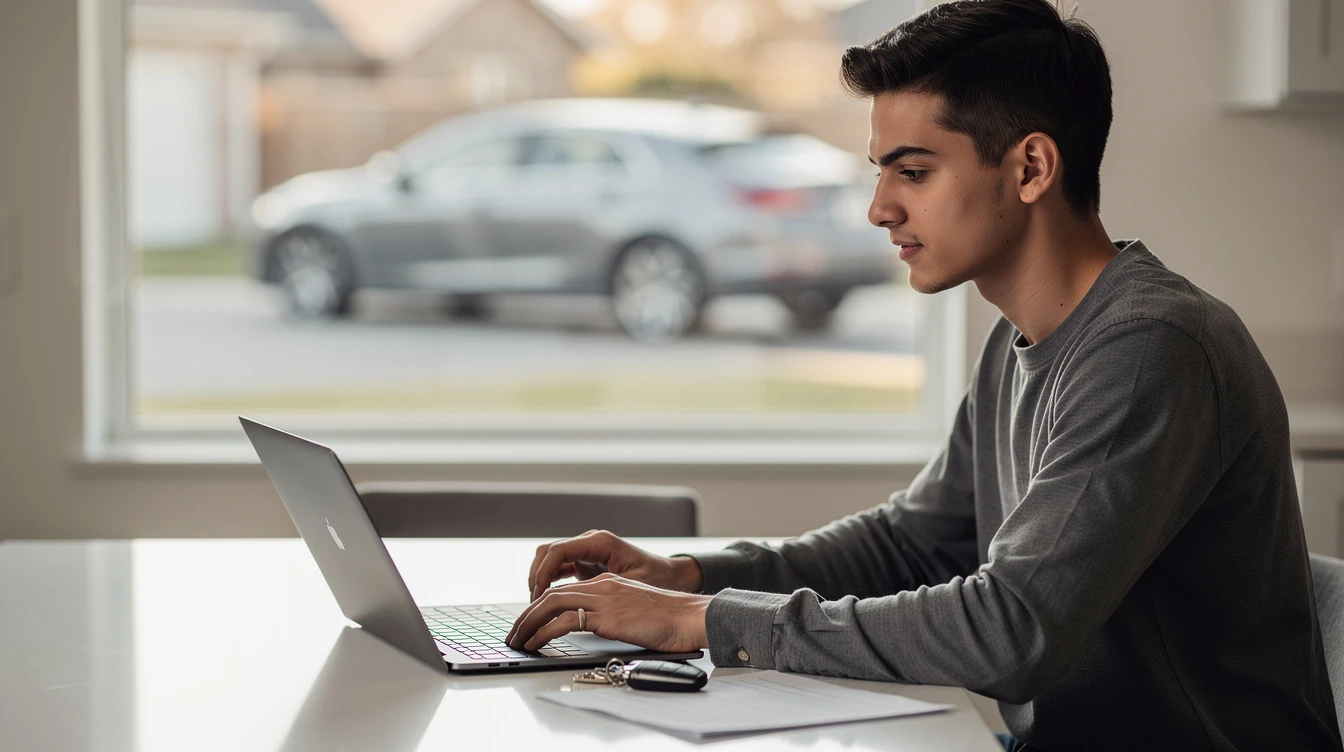 Young man applying for temporary motorcycle tags online using laptop at home with car parked outside