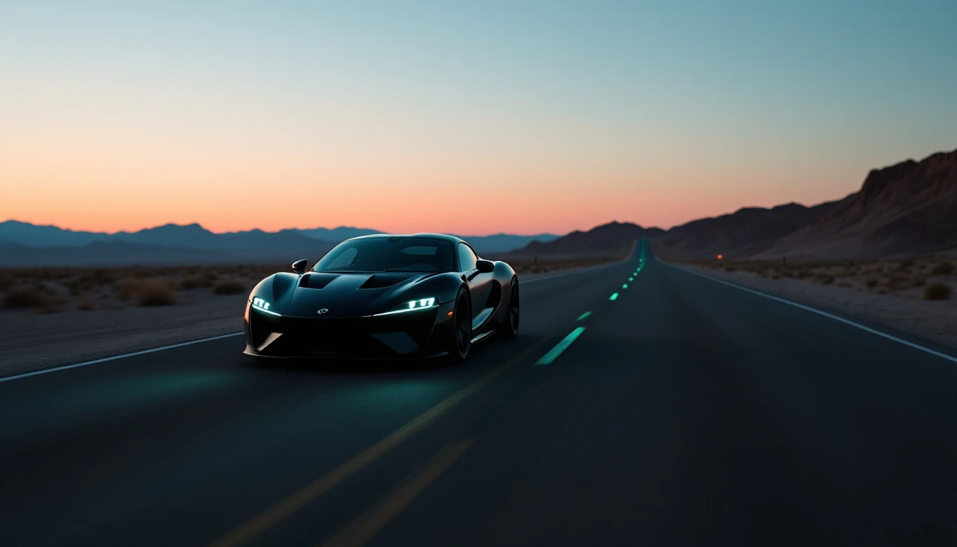 Father's Day celebration featuring motorcycle and sports car with green neon lights at dusk for rider dad gifts