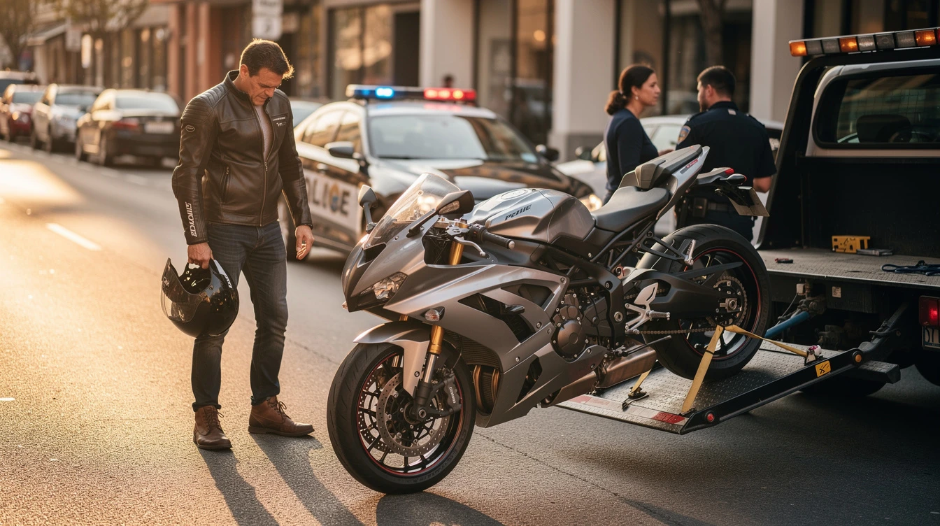 Man holding motorcycle helmet beside impounded bike with police officers and tow truck on city street