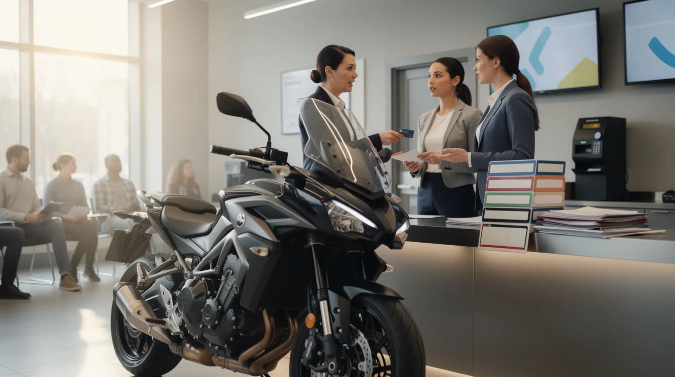 Motorcycle displayed at dealership counter with saleswoman discussing registration and financing options with customers