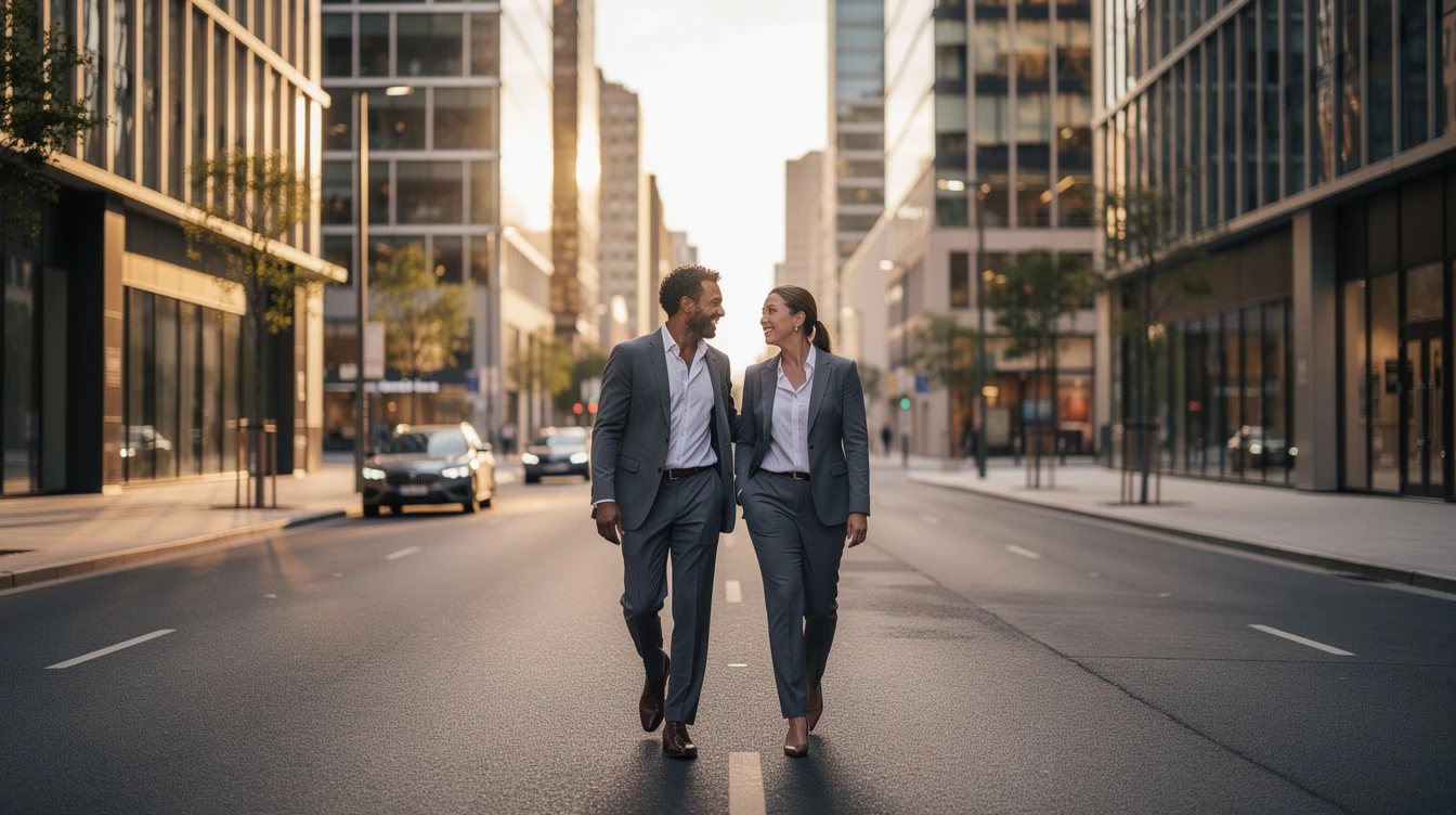 Two business professionals walking down urban street discussing partnership and compliance matters