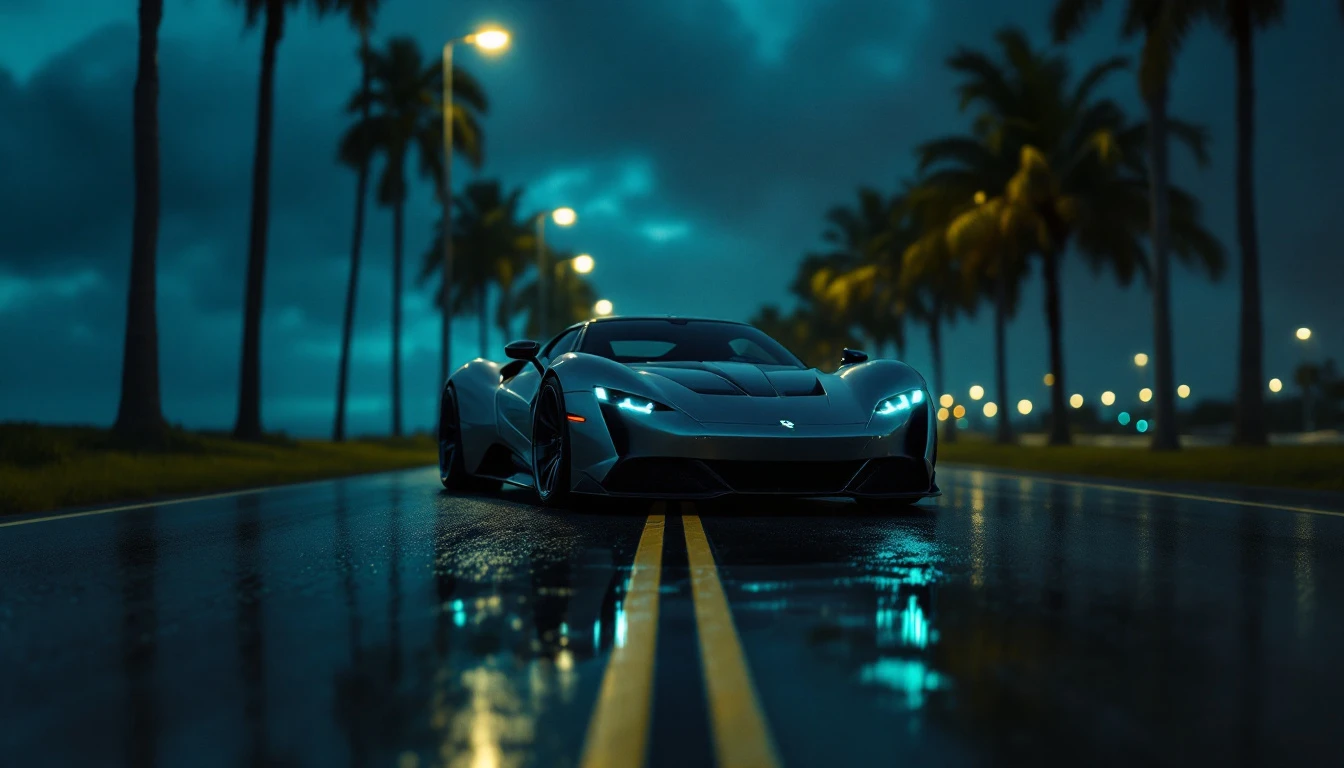 Elevated sports car driving on wet road at night with palm trees and street lights