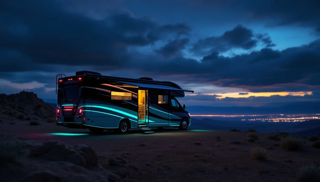 Elevated motorhome RV parked at night with neon lighting overlooking city lights