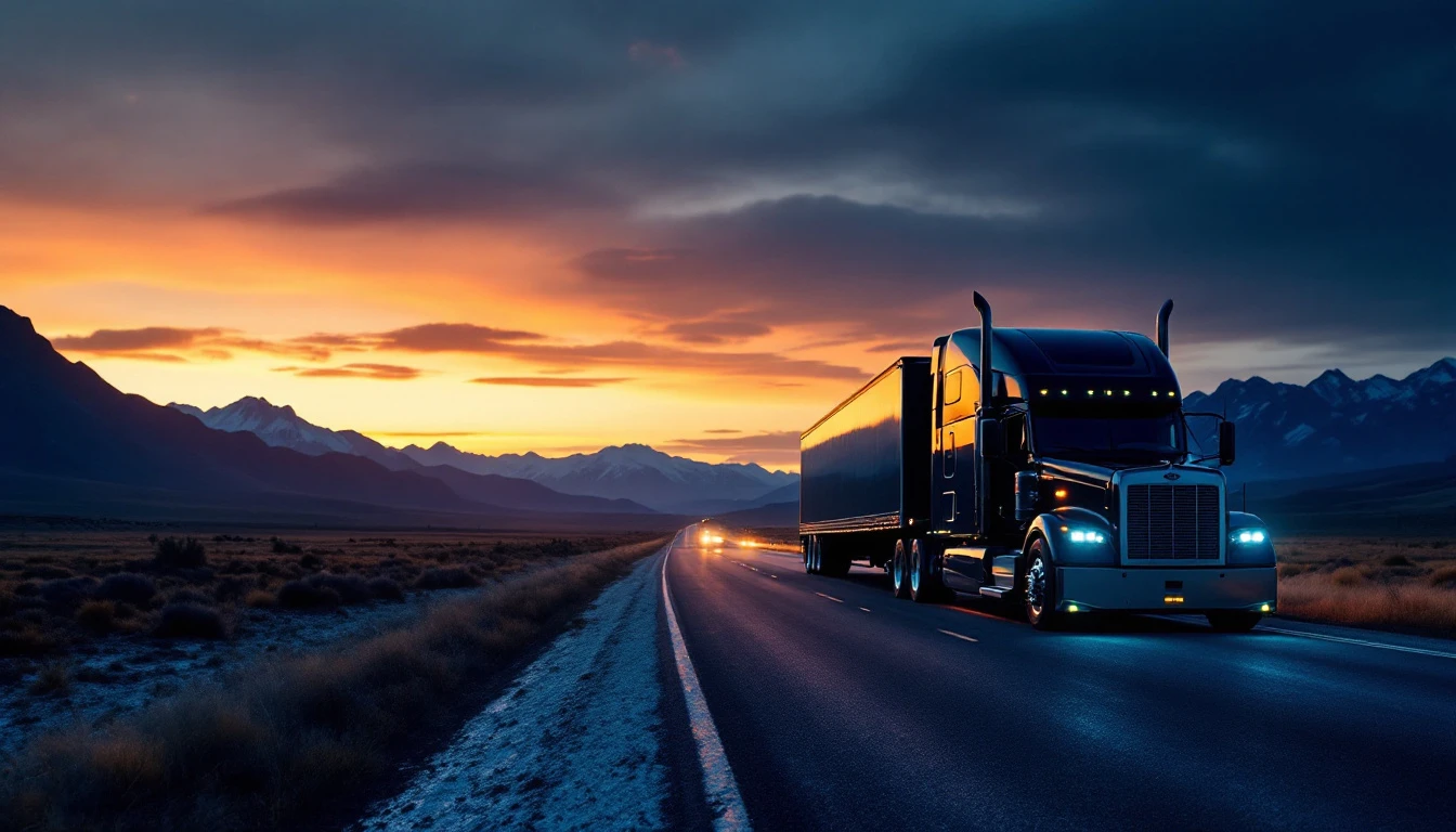 Semi truck driving on desert highway at sunset with mountains in background, representing epic road adventures