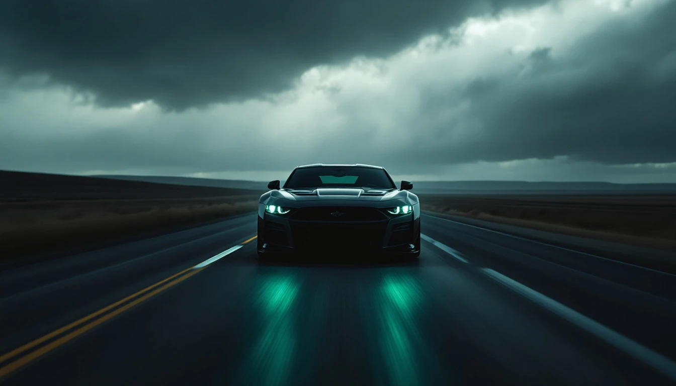 Dark sports car driving on highway at night with glowing headlights, Kansas vehicle sales tax concept