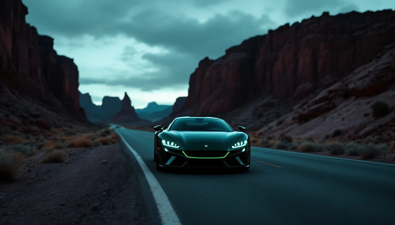 Black sports car with glowing green headlights driving through desert canyon under stormy sky