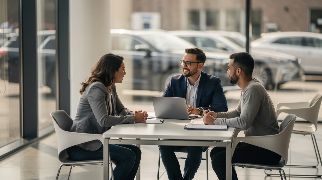 Three professionals discuss vehicle registration solutions at a table in a modern dealership showroom with cars visible