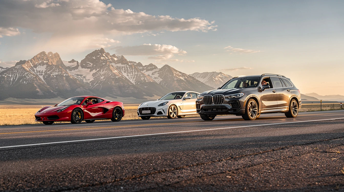 Elevated exotic cars parked on mountain road demonstrating Montana LLC vehicle registration benefits and sales tax savings.